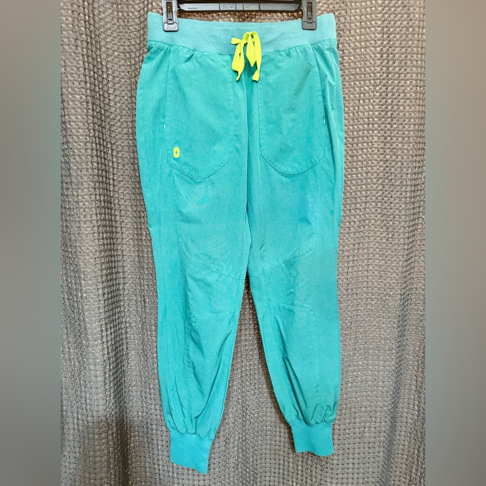 Figs Teal Track Pants & Scrub Top Set with Neon Yellow Drawstring - Picture 2 of 9